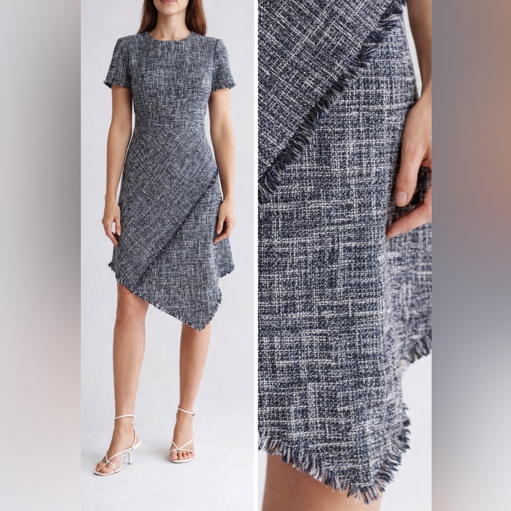 NWT Eliza J Tweed Fringe Dress | Black White Navy | Size 4 | Chic Classic